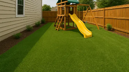 Kids Play Area In A Medium Sized Yard With Artificial Turf.