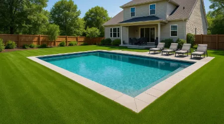 Large backyard with artificial turf.