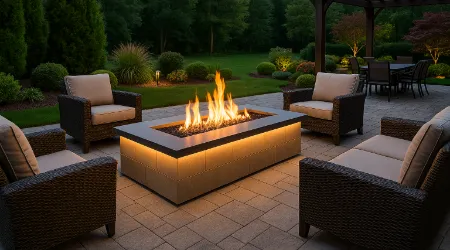 Luxury outdoor gas fire feature on a beautiful backyard patio.