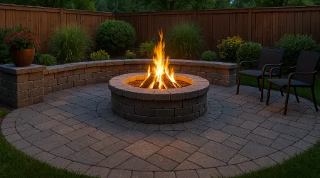 Mid-Range Firepit on a backyard paver patio with surrounding seat wall.